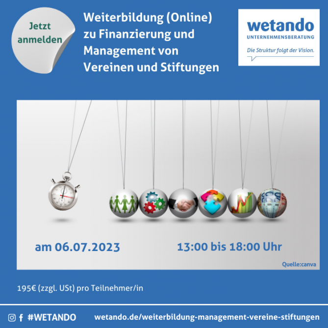 Seminar (Online) Finanzierung und Management von Vereinen am 06.07.2023