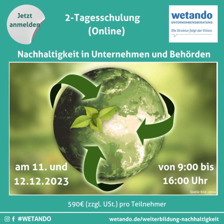 Tagesschulung für Nachhaltigkeit in Unternehmen am 11.und 12.12.2023