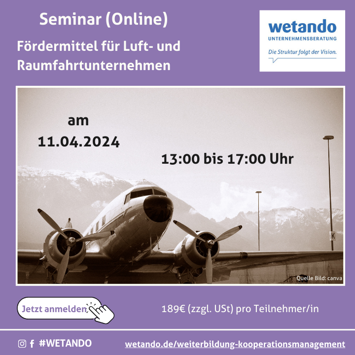 Seminar Fördermittel für Luft- und Raumfahrtunternehmen am 11.04.2024