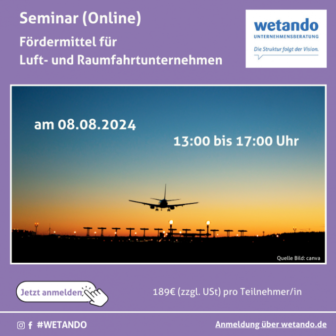 Seminar Fördermittel für Luftfahrtunternehmen am 08.08.2024