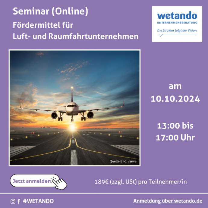 Seminar Fördermittel für Luftfahrtunternehmen am 10.10.2024