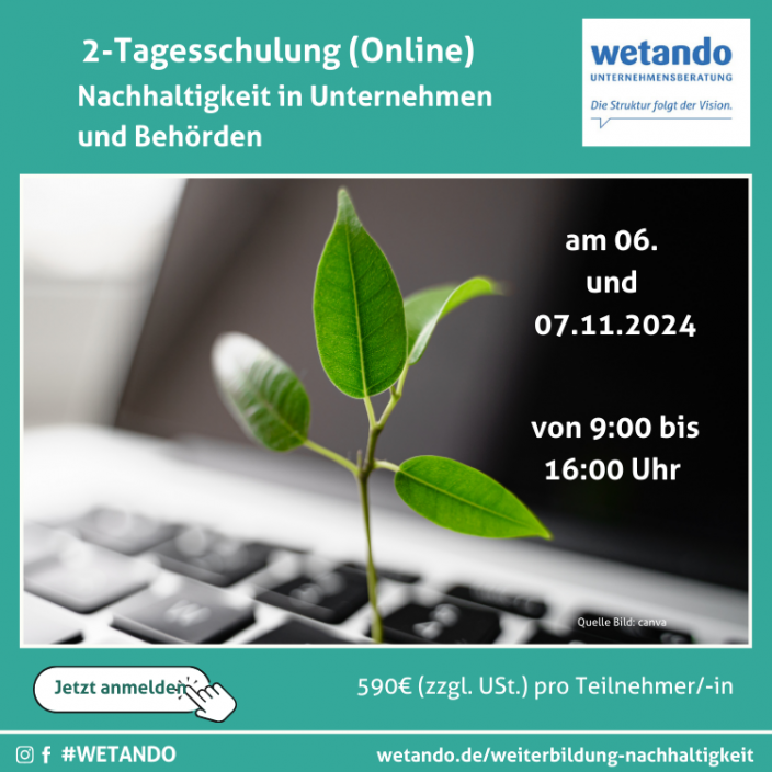 Seminar Nachhaltigkeit in Unternehmen am 06. und 07.11.2024